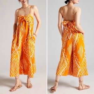 Anthropologie Spaghetti Strap Pleated Wide Leg Cropped Jumpsuit Orange Size 10